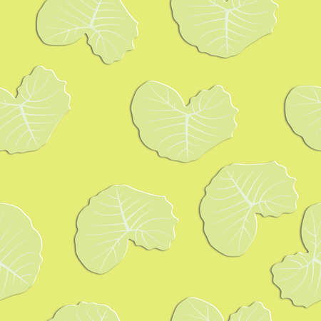 Light green leaves on yellow background for seamless pattern as vector illustration. Paper craft style.のイラスト素材