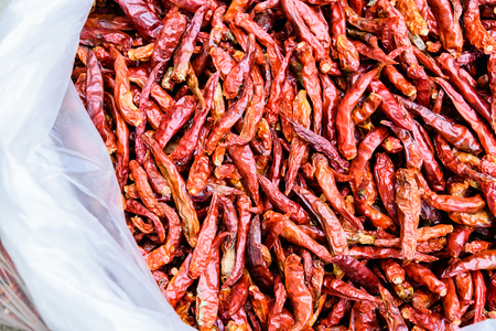 Dried chilli in many red pigments, food ingredientの写真素材