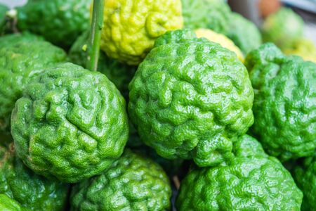 Bergamot herb of Thailand, on wooden tableの写真素材