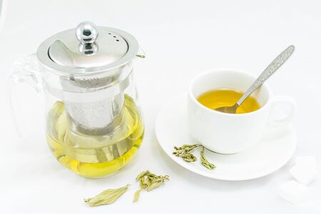 Stevia leaves with a cup stevia infusion on white backgroundの写真素材