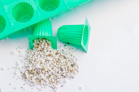 Perlite and vermiculite with cup of planting set for hydroponics vegetableの写真素材