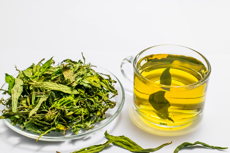 Dry stevia leaves with a glass cup stevia infusion on white backgroundの写真素材