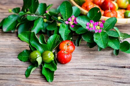 Fresh organic Acerola cherry on old wood background.の写真素材
