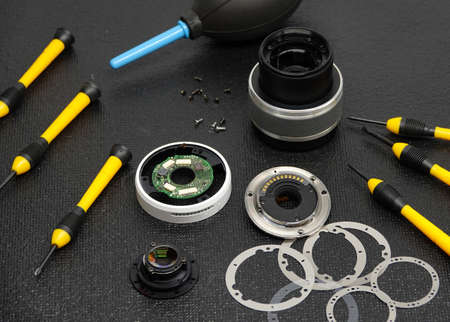 Lens cleaning and repair, camera repair conceptの写真素材