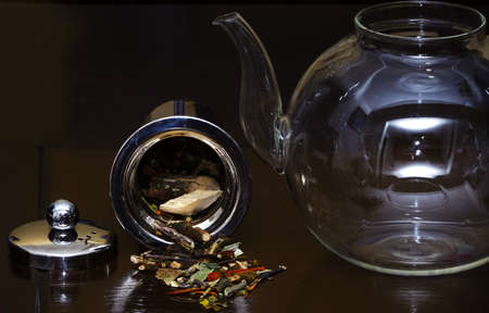 glass teapot to prepare herbal tea, tea conceptの写真素材