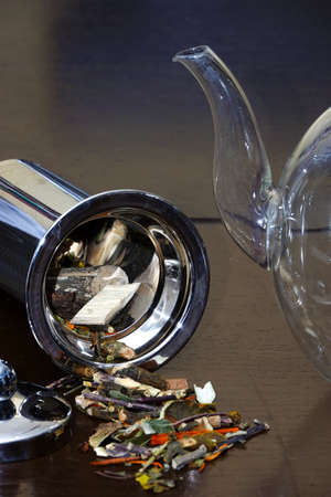 glass teapot to prepare herbal tea, tea conceptの写真素材