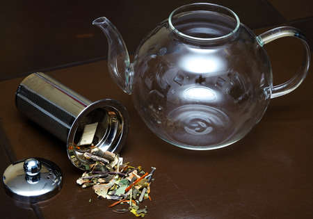 glass teapot to prepare herbal tea, tea conceptの写真素材