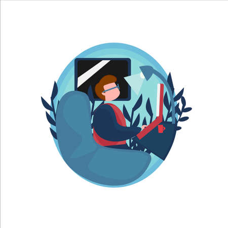 illustration of a man working at home in a circle shape, freelance, etcのイラスト素材