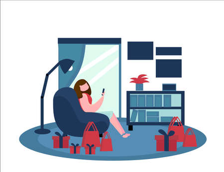 illustration of a woman buying stuff from the internet at home, business, buy clothes, makeup, etcのイラスト素材