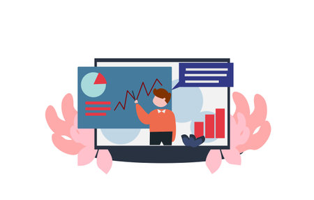 illustration of a woman doing webinars, simple, online presentations, via computer, laptop, etc.のイラスト素材