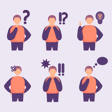 set Illustration of man with simple expression, people think, ask, are surprised, problematic, angry, etcのイラスト素材