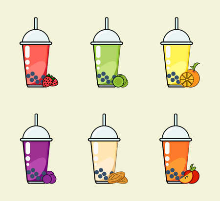 Illustration of various fruits juice, apple juice, orange, almond, grapes juice, etcのイラスト素材
