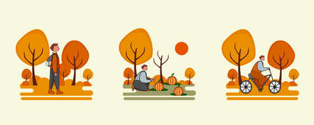 illustration of a simple activity in the autumn, biking, walking, picking pumpkins in the gardenのイラスト素材