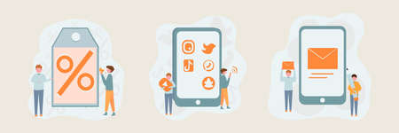 set illustration of social media advertising, hold discounts, via social media, via emailのイラスト素材