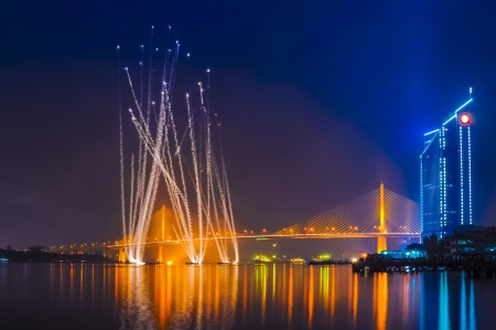 Fireworks at Chao Phraya river and Bangkok, Thailandの写真素材