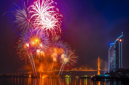 Fireworks at Chao Phraya river and Bangkok, Thailandのeditorial素材