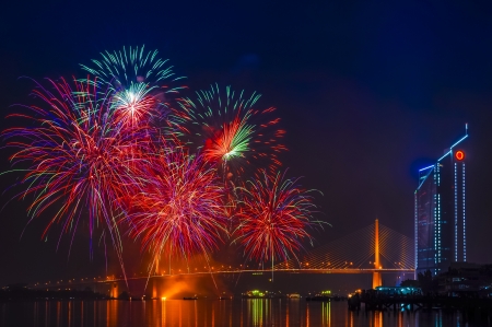 Fireworks at Chao Phraya river and Bangkok, Thailandの写真素材