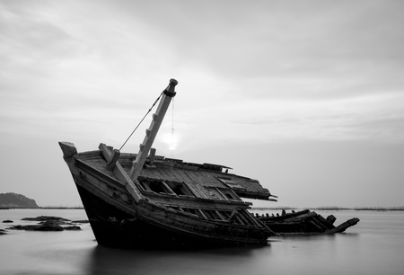 The wrecked ship in black and white , Thailandの写真素材