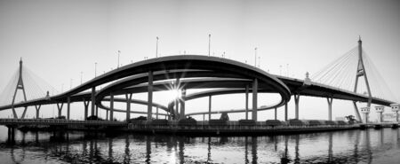 Panorama of Bhumibol Bridge in black and white , Thailandの写真素材