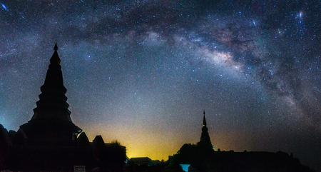 The clearly milky way over the temple, Thailandの写真素材