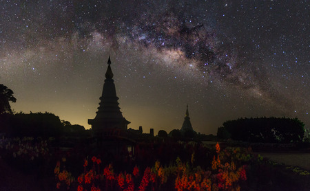 The clearly milky way over the temple, Thailandの写真素材