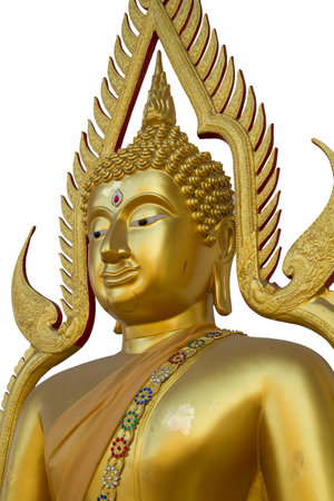 Golden buddha statue isolated on white の写真素材