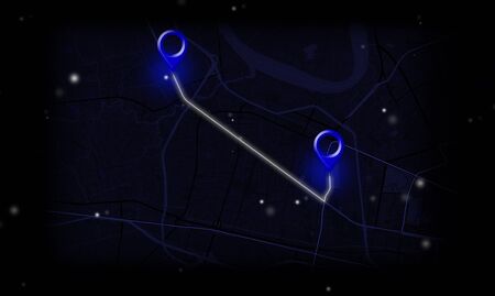 GPS.navigator Glowing blue pins Simulate the map on a modern black background.