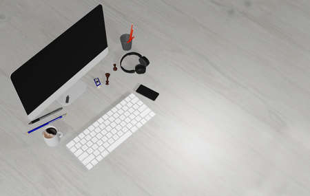 3d illustration, desk, light wood floor, with laptop computer, pen, phone, headphones and supplies,...