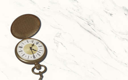 3d illustration Vintage pocket watch And a glass or sand timer which symbolizes time On a marble...