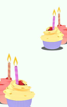 3d illustration Birthday and New Year cupcakes Colorful with candles On a plastel backdrop For...