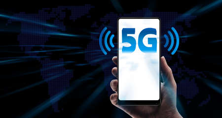 3d illustration Creative background, male hand holding 5G phone, city background and wireless...