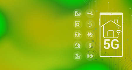3d illustration Smart home with internet IOT technology concepts in home automation design Smartphone for wireless control of household appliances via House protection infrastructure, modern color schemeの写真素材
