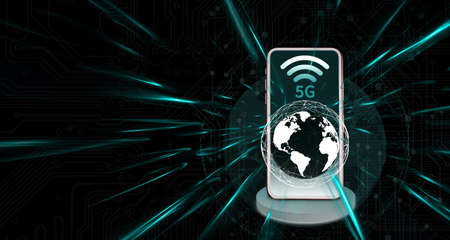 3d illustration Digital 5G network and the internet of things on urban background, double exposure...
