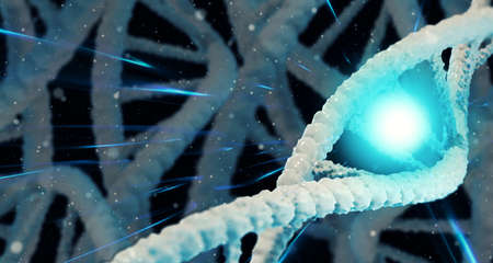 Dna 3d illustration. Abstract 3d polygon wireframe spiral dna molecular helix on blue color Medical science, genetic biotechnology, biology, chemistryの写真素材