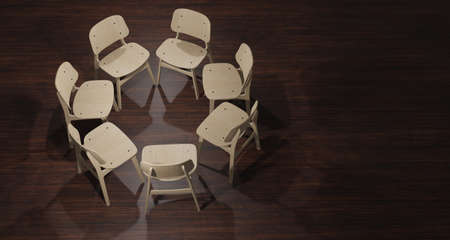 3d illustration, chair placed in a circle for work On a dark wood floorの写真素材