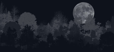 3d illustration Of panoramic mountain and tree views and the moon Has a deep awakening phase of the eyes Mountain in fog with forest mountains at nightの写真素材