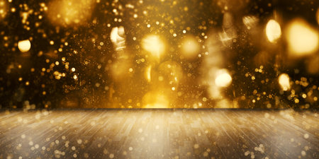 Bokeh background with blank wooden table for displaying product montage. Golden bokeh sparkle on...