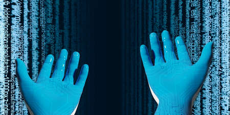 Blue robot hand with binary code library. Concept presented in digital age 3D illustrationの写真素材