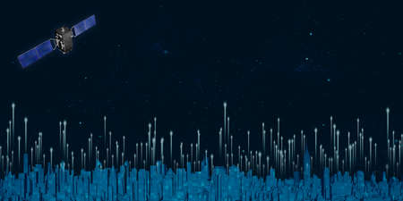 Transmission of satellite signals in the sky Above the big city Filled with tall buildings 3d illustrationの写真素材