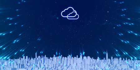 Storing data in the cloud Big city filled with tall buildings Internet storage 3d illustrationの写真素材