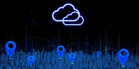 GPS pins and satellite transmission Big city filled with tall buildings Assigning coordinates on a...