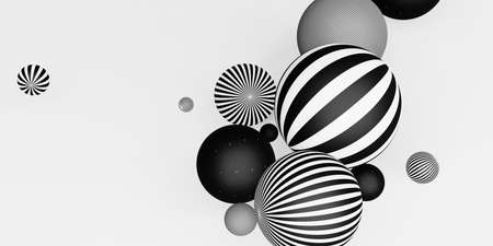 many decorative balls Horizontal stripes black and white 3D illustrationの写真素材