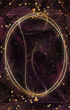 leaf background golden frame and bokeh droplets 3D illustrationの写真素材