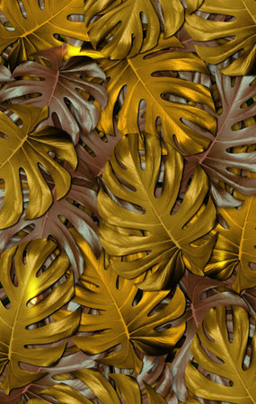 leaf background golden frame and bokeh droplets 3D illustrationの写真素材