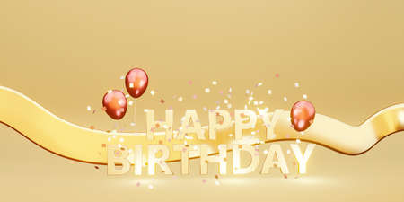 happy birthday message background image with balloons and ribbons 3D illustrationの写真素材
