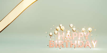 happy birthday message background image with balloons and ribbons 3D illustrationの写真素材