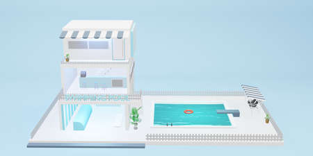 simulated swimming pool three storey building cartoon model blue pastel 3d illustration