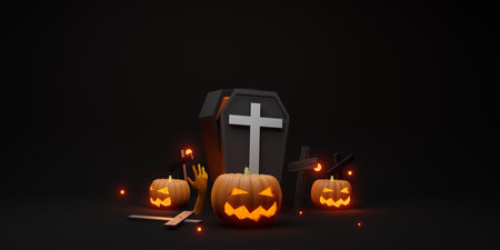 halloween background pumpkin cross bat and coffin black background 3d illustrationの写真素材