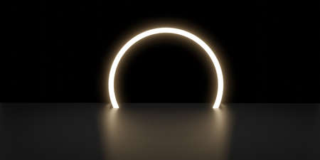 backlit display with curved frame display stand neon light black background 3D rendering