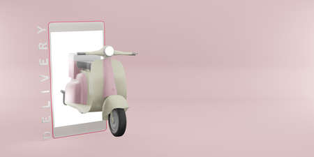 Product delivery via phone application with a wheeled motorcycle 3d illustrationの写真素材